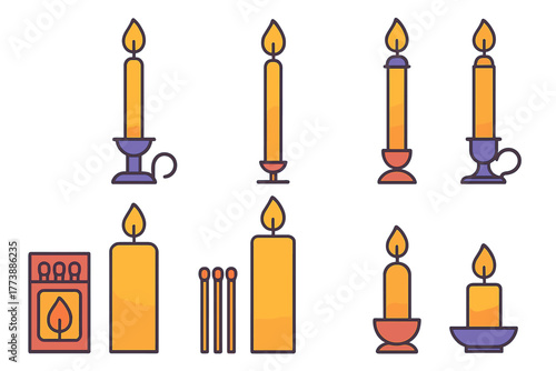 Collection of burning candles in various holders with matchsticks and matchbox set