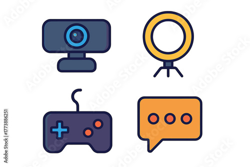 Colorful icons set featuring streaming equipment and gaming accessories