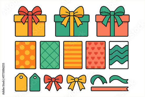Colorful collection of holiday gift boxes, wrapping papers, decorative bows, ribbons, and tags