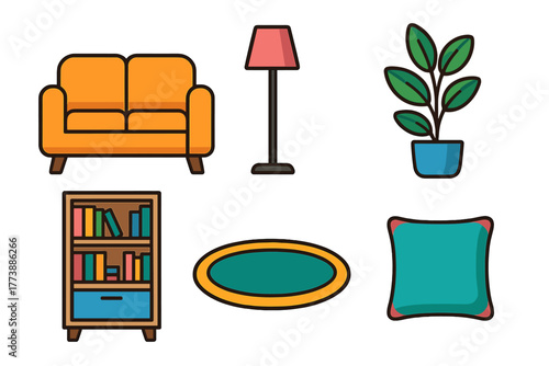 Colorful flat design collection of modern living room furniture and domestic accessories