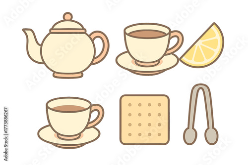 Collection of cute tea time objects including teapot, cups, lemon slice, biscuit, and tongs