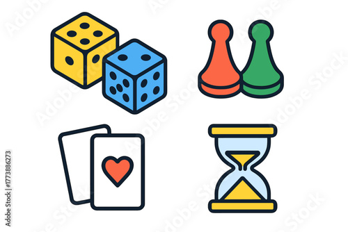 Collection of colorful board game components including dice, playing cards, pawns, and a sand timer