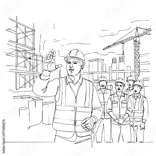 A construction foreman gestures to a team of workers at a building site, with scaffolding, a crane, and city buildings visible in the background.