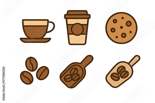 Brown coffee items collection including mug, disposable cup, beans, scoop, and cookie on white