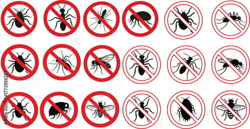 No pest insect sign collection, prohibited bugs symbol, vector illustration, insect control warning, anti bug alert, safety label graphic