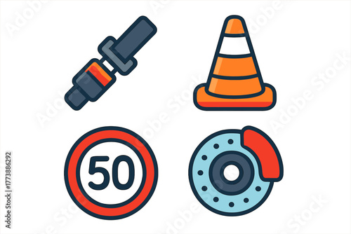 Safety icons set featuring seat belt traffic cone speed limit sign and brake disc