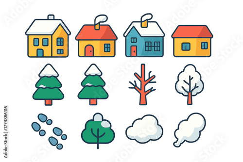 Colorful winter season elements including snowy houses, evergreen trees, and cold weather symbols