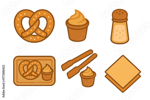Set of symbols featuring a salted pretzel, cheese sauce, salt shaker, and serving accessories