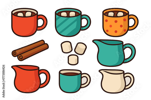 Colorful collection of hot chocolate mugs, cream pitchers, marshmallows, and cinnamon sticks