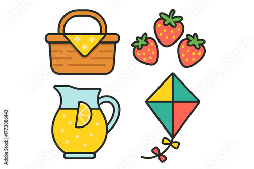 Picnic basket strawberries lemonade pitcher and kite representing summer activities