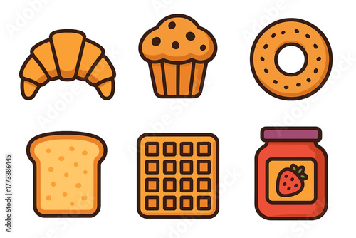 Six popular breakfast and bakery foods: croissant, muffin, bagel, waffle, toast, and strawberry jam jar