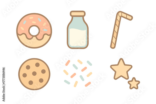 Cute pastel dessert and snack icons set featuring donut, milk bottle, cookie, and sprinkles