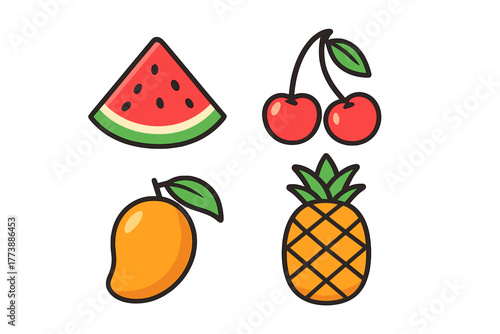 Colorful tropical summer fruits set including watermelon, cherries, mango, and pineapple
