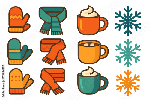 Cozy winter holiday icons featuring mittens scarves hot drinks and snowflakes