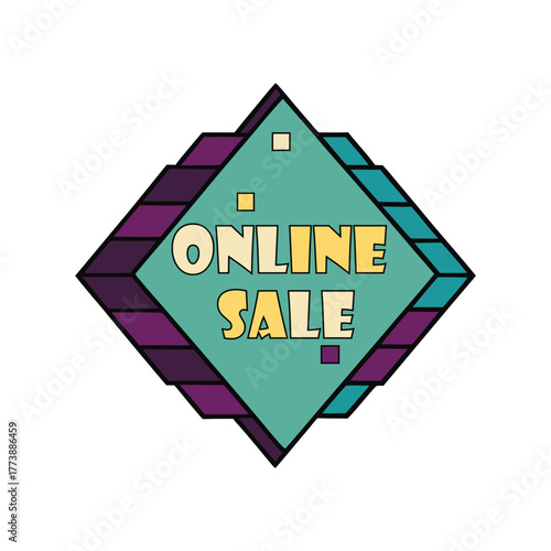 Rhythmic online sale banner sticker design element in colorful retro 90s style advertising promotion discount deal tag vector illustration