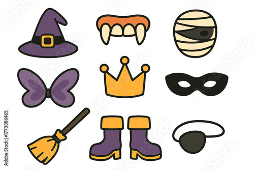 Spooky and fantasy costume accessories set including witch hat, vampire fangs, mummy mask, and crown