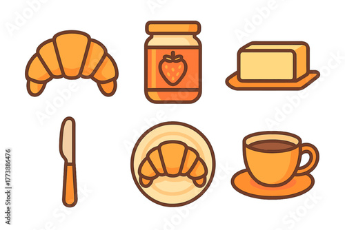 Croissants, jam, butter, and coffee items for a classic morning breakfast