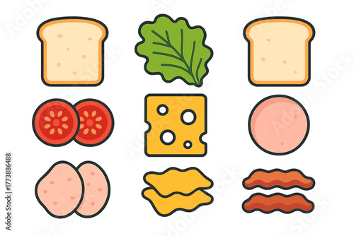 Collection of essential food ingredients for preparing sandwiches and hamburgers