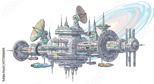 An imaginative illustration showcases a futuristic space station, complete with intricate details, communication arrays, and a backdrop of celestial bodies, evoking a sense of advanced technology and