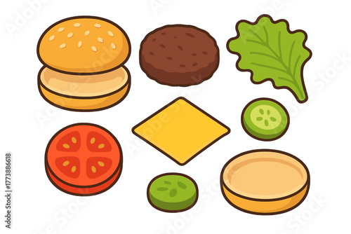 Cartoon hamburger ingredients set disassembled: bun, patty, cheese, tomato, lettuce, pickles