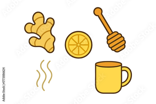 Natural ingredients for a hot soothing drink: fresh ginger root, lemon slice, honey dipper, and steaming mug
