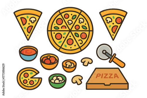 Set of Italian pizza elements including whole pie, slices, cutter, delivery box, and toppings