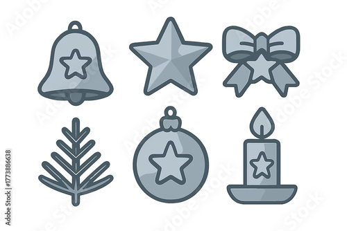 Six monochromatic Christmas holiday symbols and decorative elements for winter celebration
