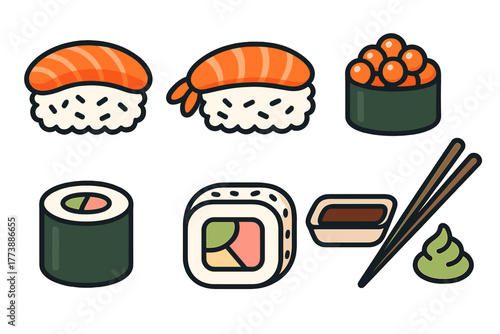 Set of traditional Japanese sushi rolls and nigiri pieces with condiments