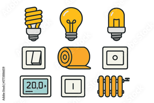 Collection of symbols representing electricity, lighting, heating, and home insulation elements