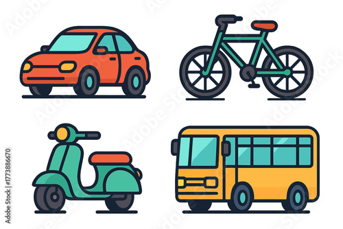 Colorful urban transportation icons set featuring a car, bicycle, scooter, and bus