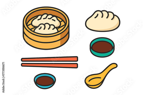 Traditional Chinese dim sum food set with steamer basket chopsticks and dipping sauce
