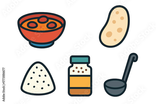 Collection of basic food ingredients, prepared meals, and kitchen utensils