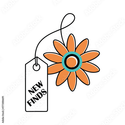 Stylized doodle flower and new finds retail tag vector illustration for shopping announcements and graphic design elements