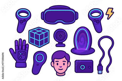 Collection of virtual reality and metaverse technology icons including headset, controllers, data glove, and digital avatar head