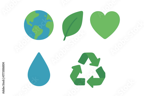 Collection of ecological symbols including Earth, green leaf, heart, water drop, and recycling sign