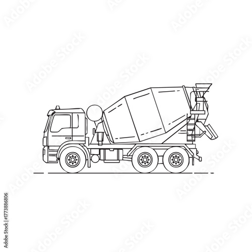 A detailed line drawing of a concrete mixer truck, showcasing its design and functionality in a minimalist, isolated composition on a white background.