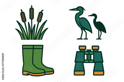 Set of items for wetland exploration including wading birds, cattails, boots, and binoculars