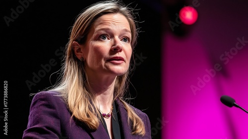 Businesswoman sharing startup success story during online conference panel inspiring new entrepreneur bright studio