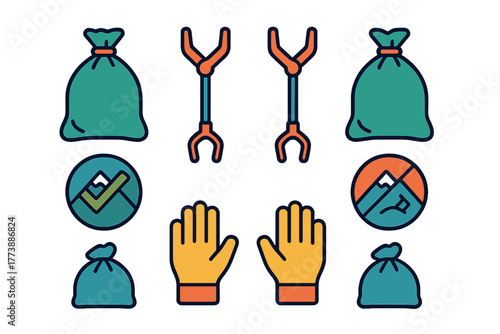 Essential equipment for environmental cleanup, waste management, trash bags, gloves, and grabbers