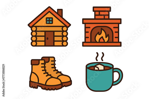 Cozy winter icons set with log cabin, fireplace, hiking boots, and hot cocoa mug