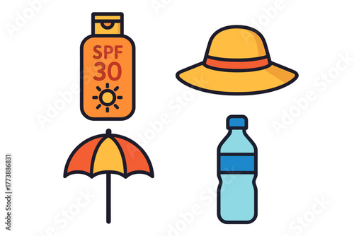 Essential summer safety items including sunscreen, sun hat, beach umbrella, and water bottle