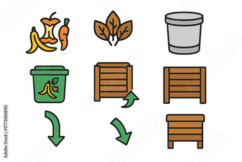 Set of icons showing organic waste, food scraps, leaves, and composting bins