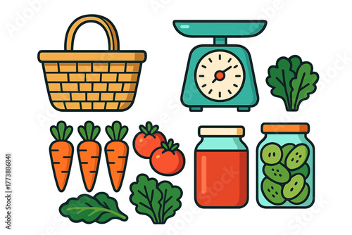 Assortment of farm fresh produce including carrots tomatoes and greens with a basket scale and jars