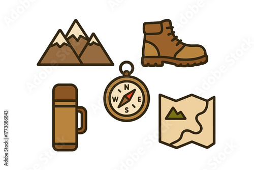 Essential outdoor adventure symbols featuring mountains, hiking boot, compass, folded map, and thermos