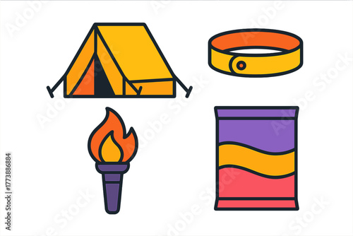 Colorful outdoor adventure and camping essentials featuring tent torch wristband and pouch