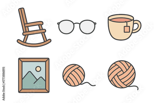 Cozy domestic comfort items set including rocking chair, reading glasses, and tea cup