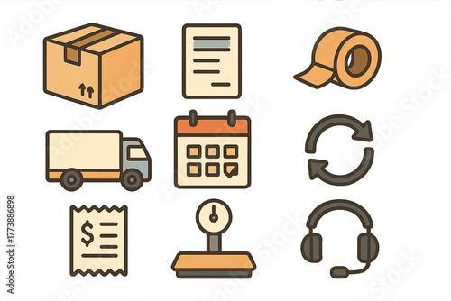 Set of essential e-commerce and shipping icons featuring delivery truck, cardboard box, calendar, receipt, and customer service headset