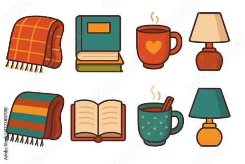Cozy home comfort elements featuring warm plaid blankets, stacked reading books, hot chocolate mugs, and table lamps