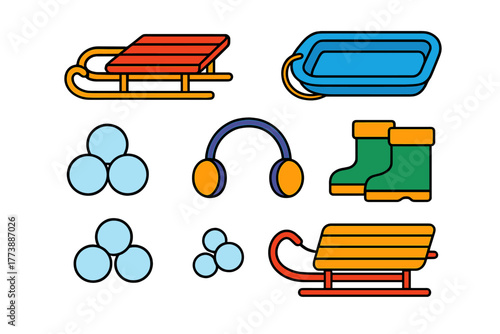 Colorful collection of winter recreation items including sleds, snow tube, earmuffs, boots, and snowballs