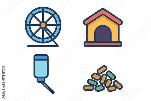 Set of essential accessories for small rodents: running wheel, shelter, water bottle, and food